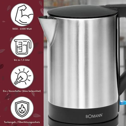 Bouilloire Electrique 1,5 L 2200 W Bomann Wks-3002 noir-inox