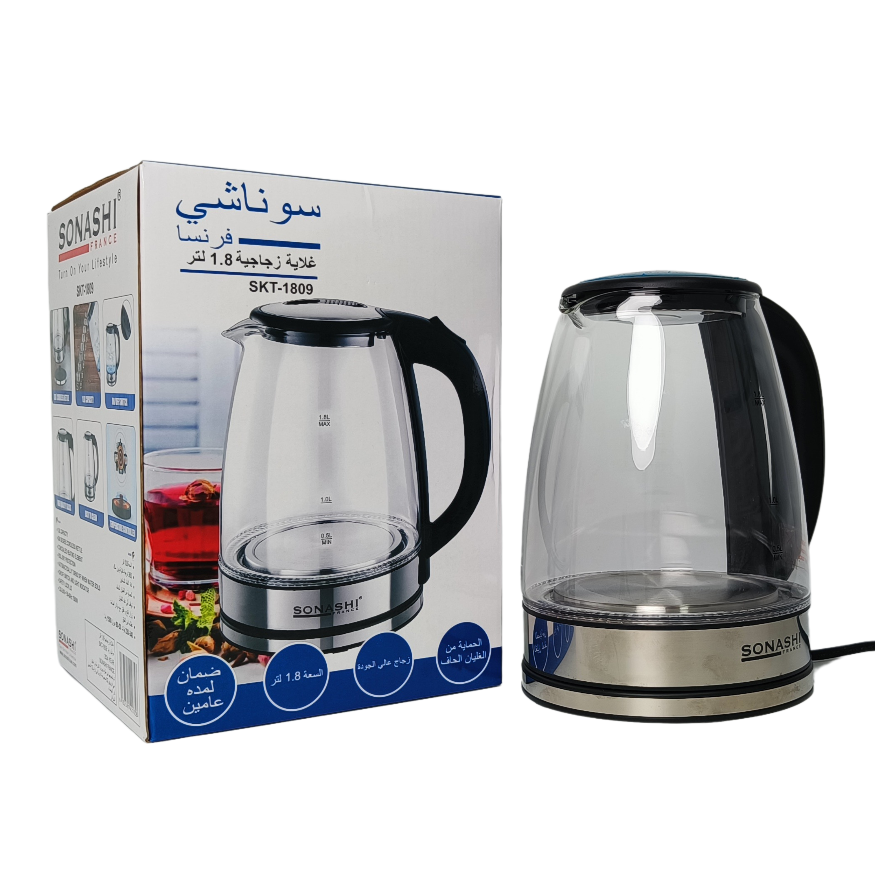 Bouilloire en Verre 1.8 Litres – Sonashi SKT-1809 – Blanc / Inox  غلاية زجاجية