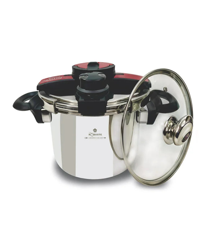 Cocotte 6 L Robuste inox 18/10 + 02 Joint + Couvercle En Verre + Panier Vapeur