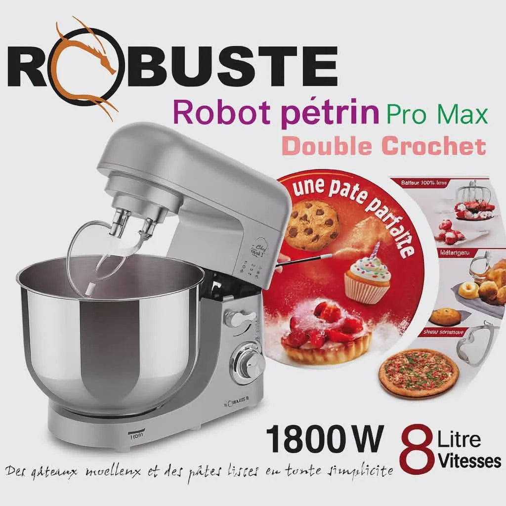 Pétrin Double Crochet 08L 1800W Robuste PRO MAX