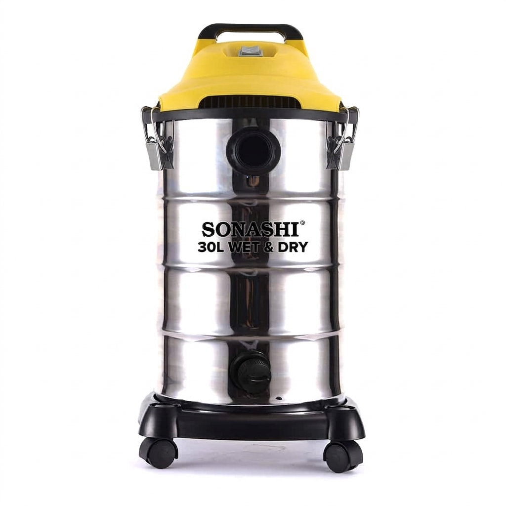 Aspirateur Multi-surfaces Sonashi 30 Litres – Inox & Jaune – Aspiration Puissante 20KPA pour Sol Sec et Humide.