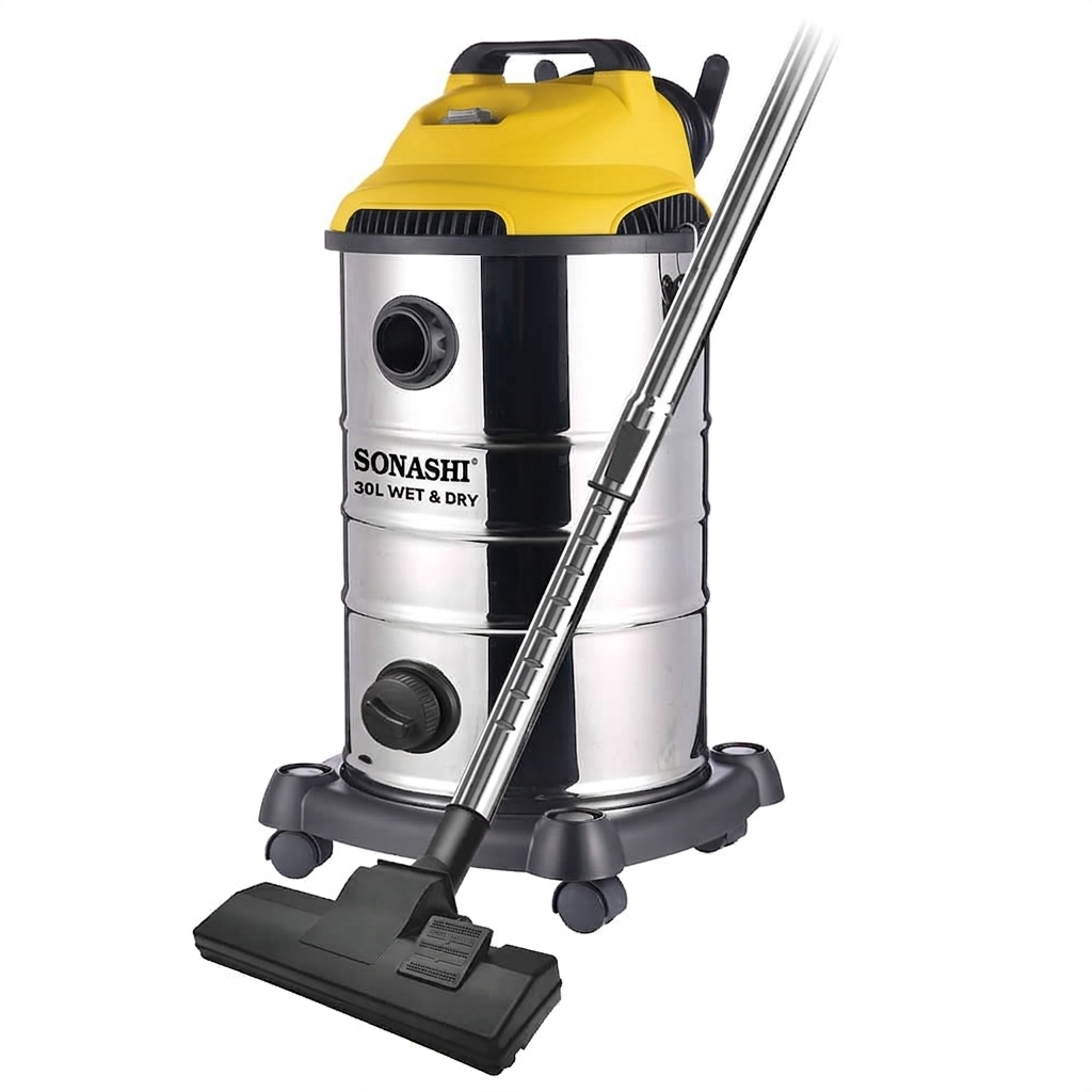 Aspirateur Multi-surfaces Sonashi 30 Litres – Inox & Jaune – Aspiration Puissante 20KPA pour Sol Sec et Humide.