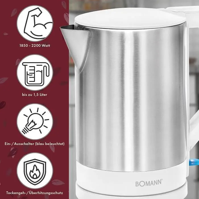 Bouilloire Electrique 1,5 L 2200 W Bomann Wks-3002 Blanc-inox