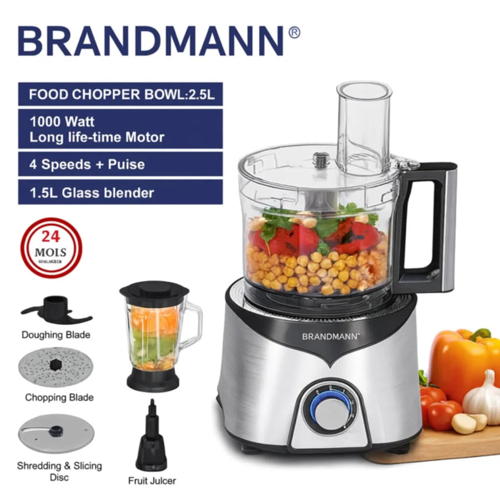 Robot inox Multifonctions 1000W – Hachoir 2.5L + Blender En verre 1.5 L Brandmann BR-FP2605