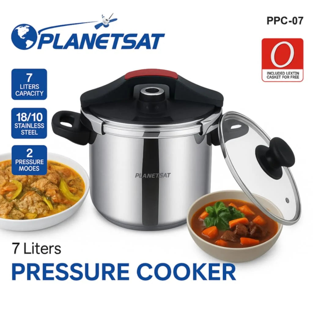 Cocotte 7 L en inox 18/10 – Noir et Rouge + Joint Gratuit + Couvercle En Verre – PlanetSat PPC-07