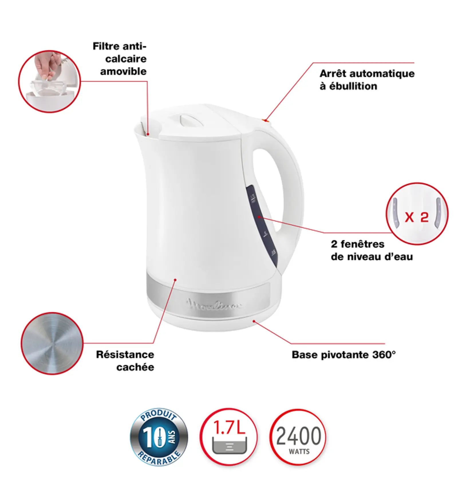Bouilloire Électrique Sans Fil 1,7L 2400W Principio Plus Moulinex BY108110